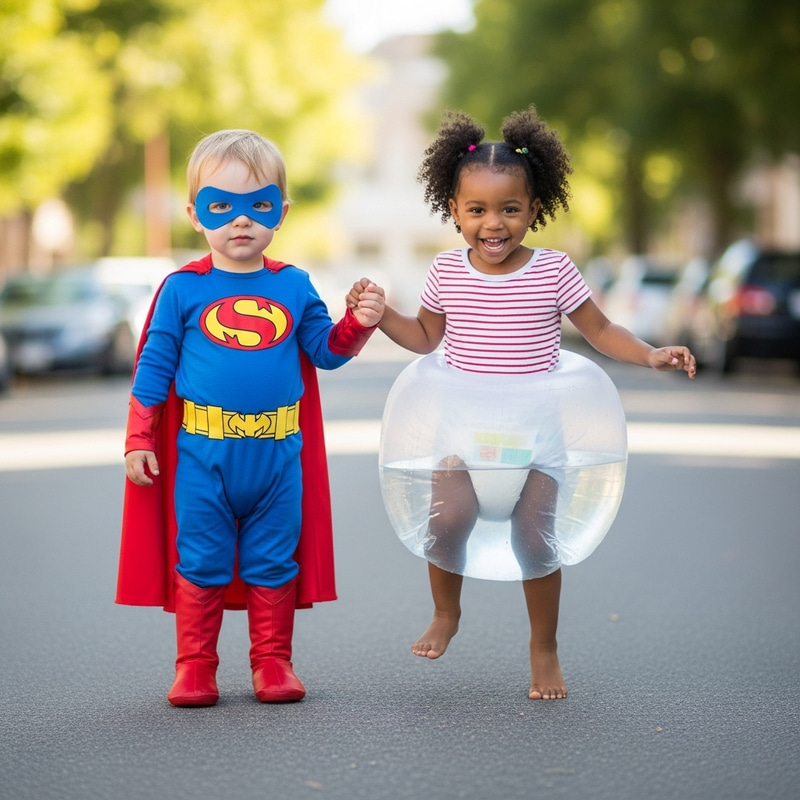 Caucasian Toddler Super Hero & Joyful Black Teen Scene Caucasian Toddler Super Hero & Joyful Black Teen Scene