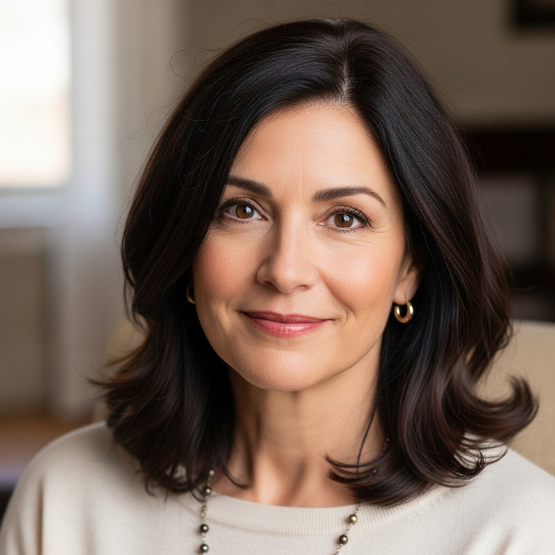 Stylish 50-Year-Old Woman with Medium-Length Dark Brown Hair and Brown Eyes