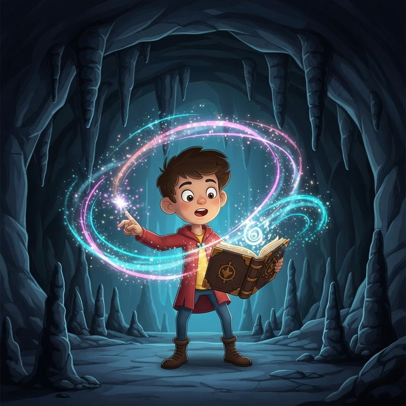 Boy Casting Magic in a Whimsical Cave Boy Casting Magic in a Whimsical Cave