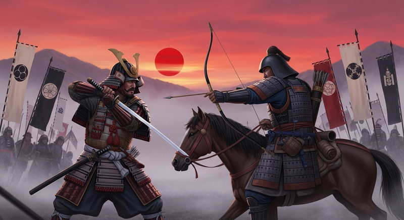 Japanese Samurai Dueling Mongol Horseman on Ancient Battlefield Japanese Samurai Dueling Mongol Horseman on Ancient Battlefield
