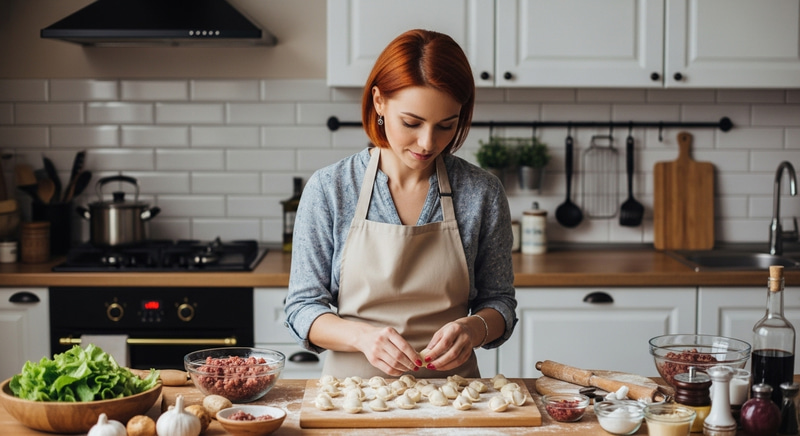 Thoughtful Ukrainian Woman Making Siberian Dumplings with Red Hair