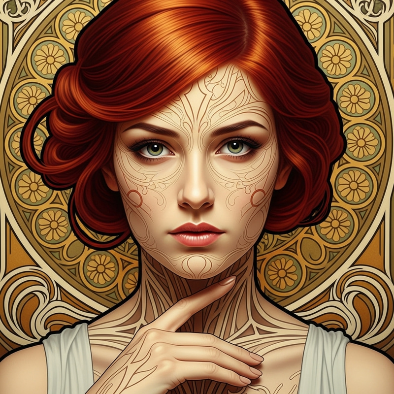 Captivating Woman with Vibrant Red Hair in Art Nouveau Style