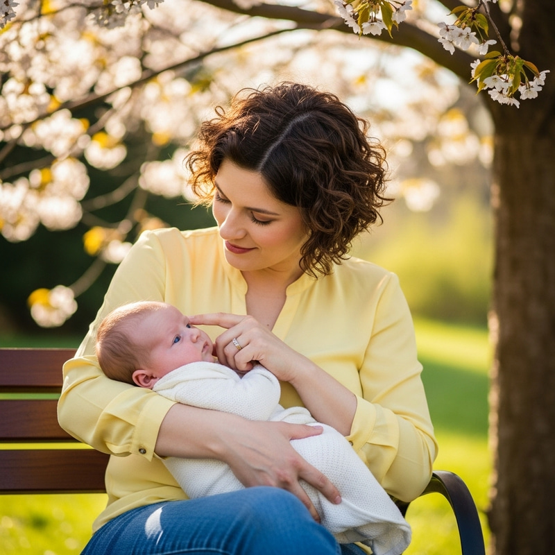 Mother's Tender Moment with Newborn Baby under Cherry Tree Mother's Tender Moment with Newborn Baby under Cherry Tree