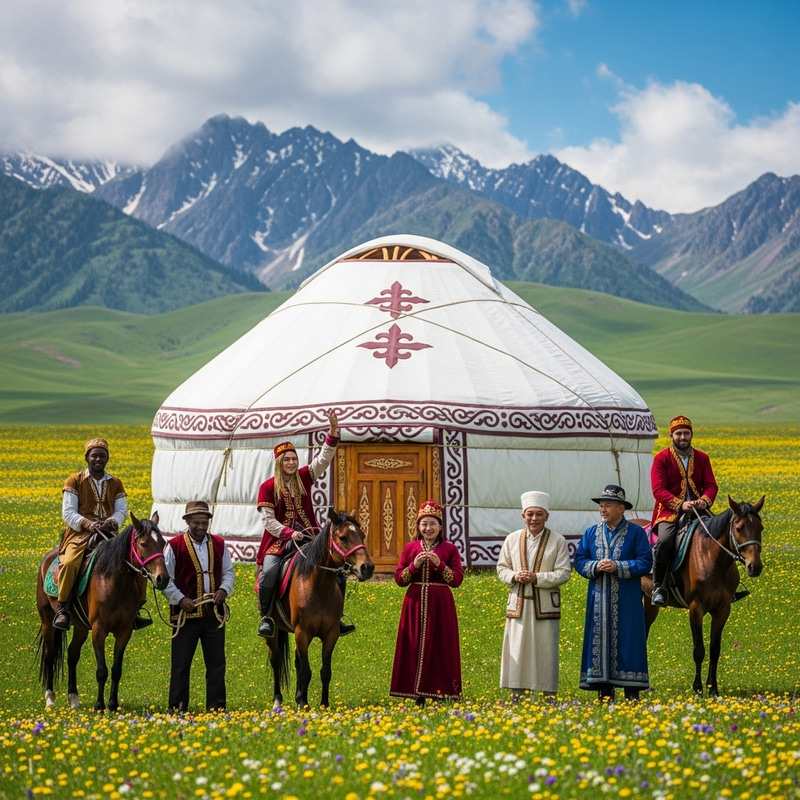 Kazakh White Yurt in Meadow of Flowers - Spring Celebration with Multicultural Horse Riders Kazakh White Yurt in Meadow of Flowers - Spring Celebration with Multicultural Horse Riders