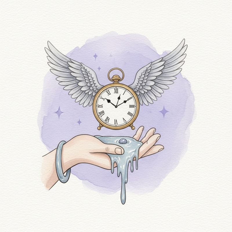 Surreal Watercolor Art: Hand Cradling Clock with Wings
