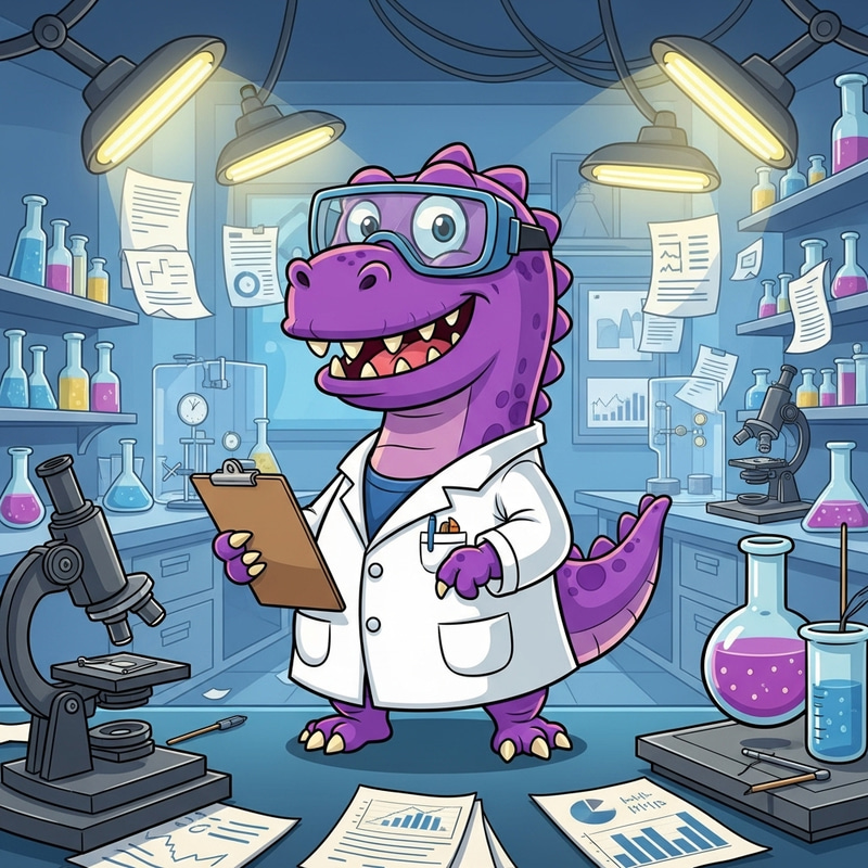 Purple Dinosaur Researcher in Lab | Cartoon Scientist Character Purple Dinosaur Researcher in Lab | Cartoon Scientist Character