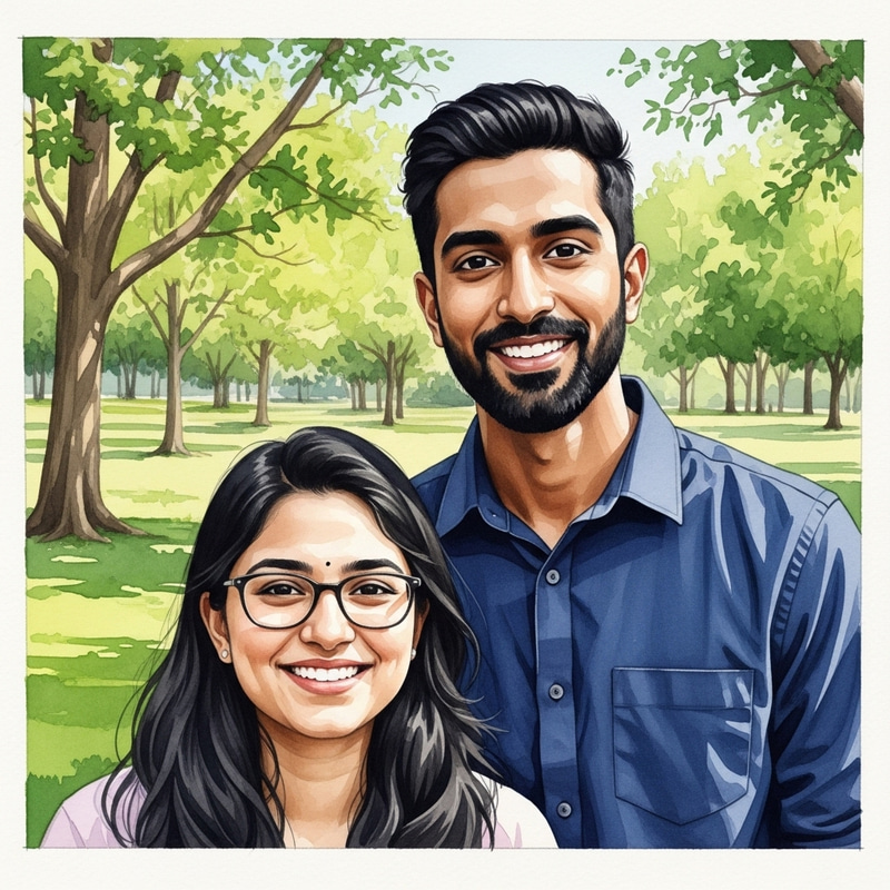 Watercolor Painting of Young South Asian Couple in Sunlit Park Watercolor Painting of Young South Asian Couple in Sunlit Park