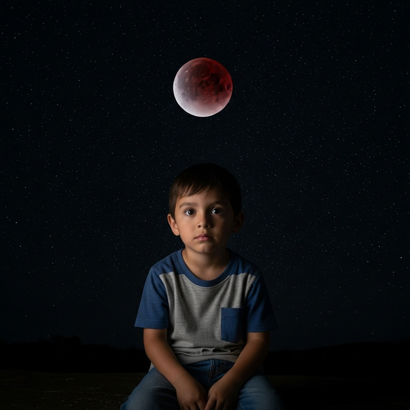 Young Boy Sits in Spectacular Blood Moon Sky