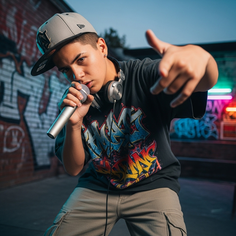 Cool Hispanic Teenage Rapper with Microphone | Urban Hip Hop Vibe