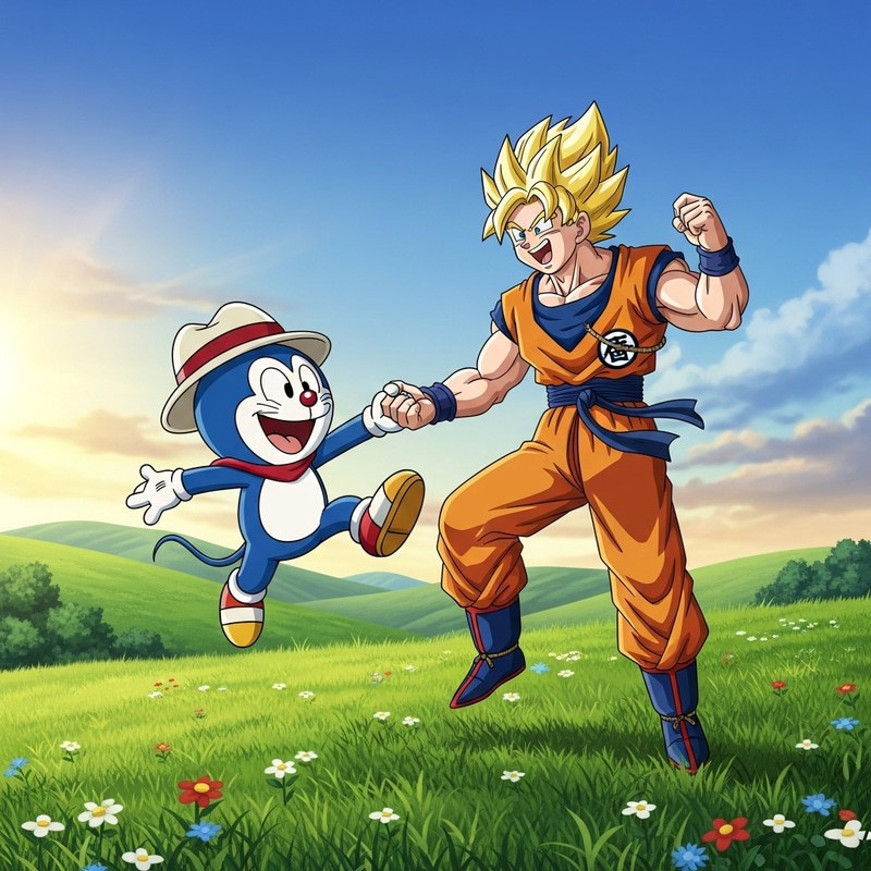 Dancing Smurf with Goku - Playful and Energetic Cartoon Scene Dancing Smurf with Goku - Playful and Energetic Cartoon Scene
