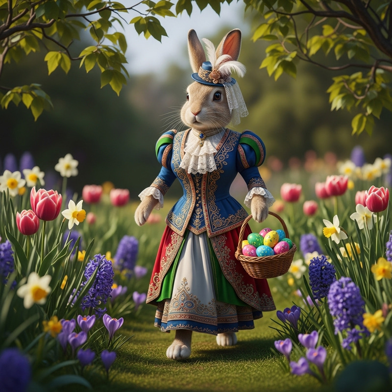 Easter Rabbit in Elegant Zuhair Murad Dress with Easter Eggs