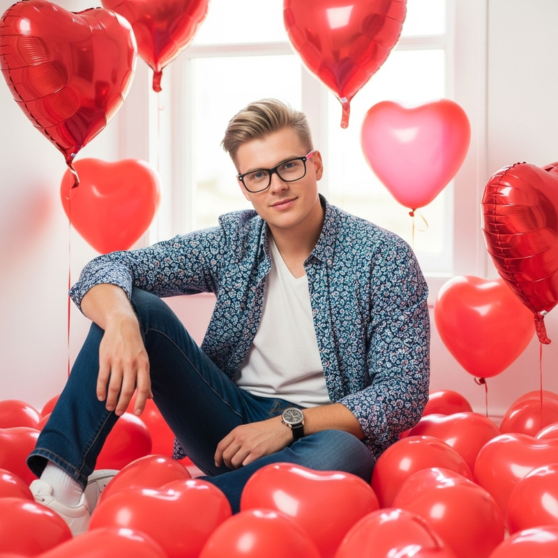 Joyful Young Man in Heart Balloon Room | Vibrant Portrait Photography Joyful Young Man in Heart Balloon Room | Vibrant Portrait Photography