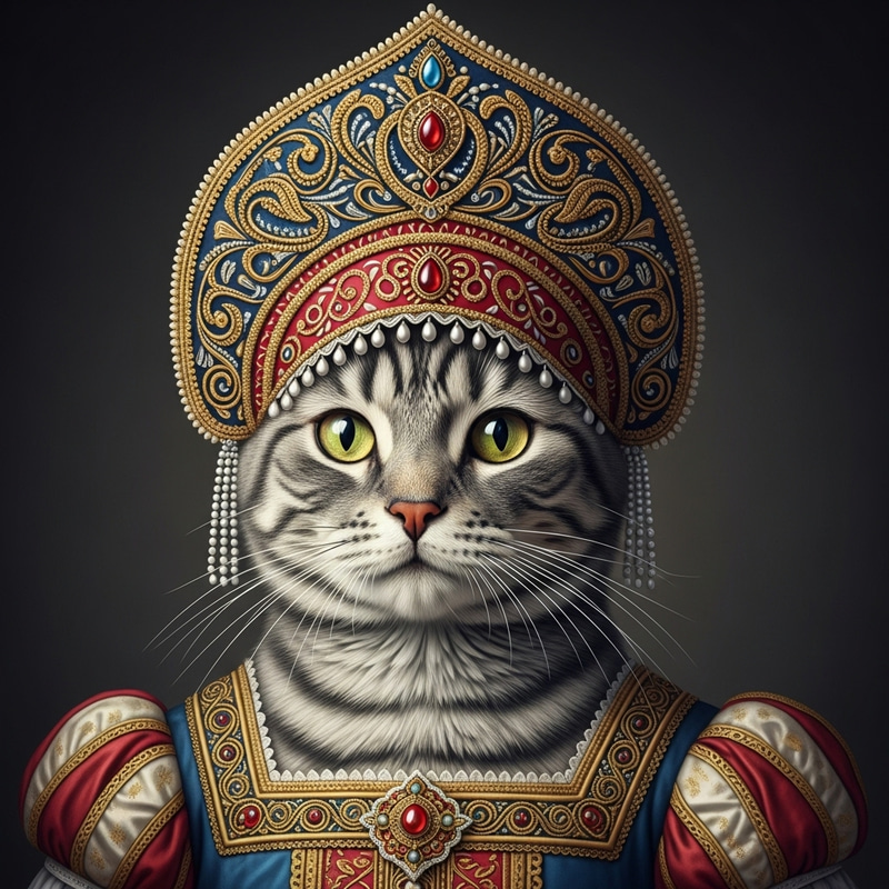 Royal Grey Tabby Cat in Russian Kokoshnik Attire