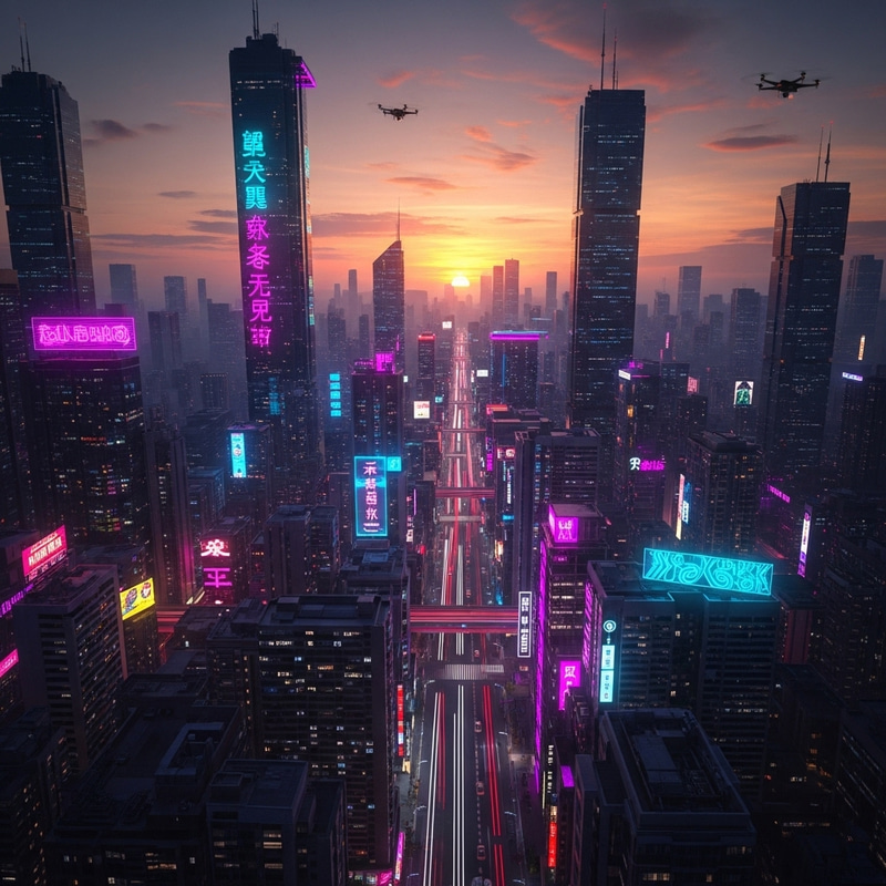 Vibrant Neon Cyberpunk Cityscape at Sunset
