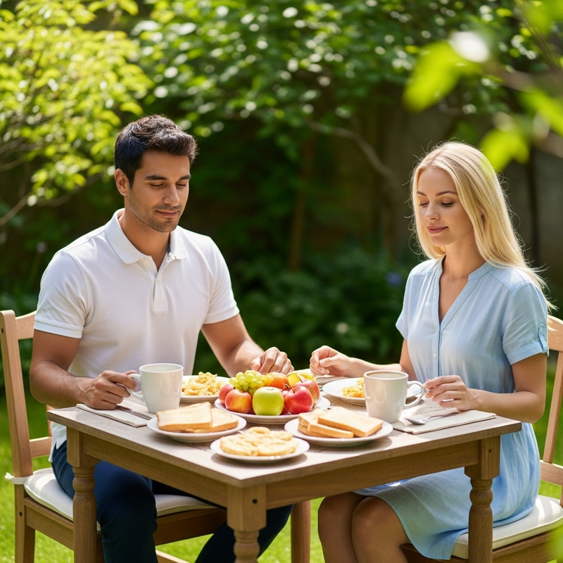 Serene Hispanic Husband and Caucasian Wife Enjoy Breakfast in Lush Garden Serene Hispanic Husband and Caucasian Wife Enjoy Breakfast in Lush Garden