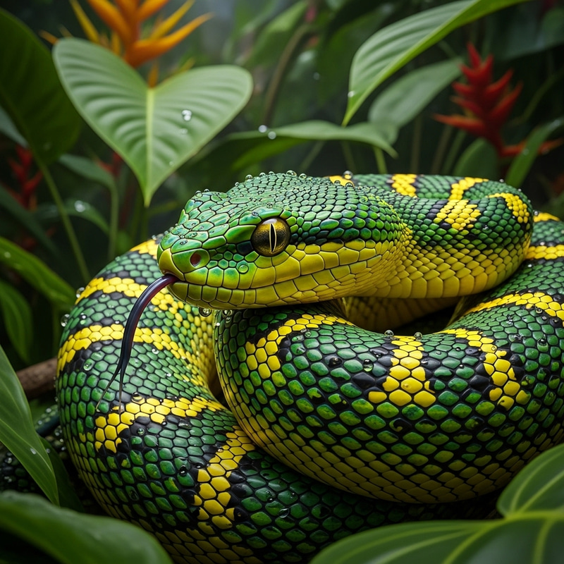 Vibrant Green and Yellow Coiled Serpent in Tropical Rainforest