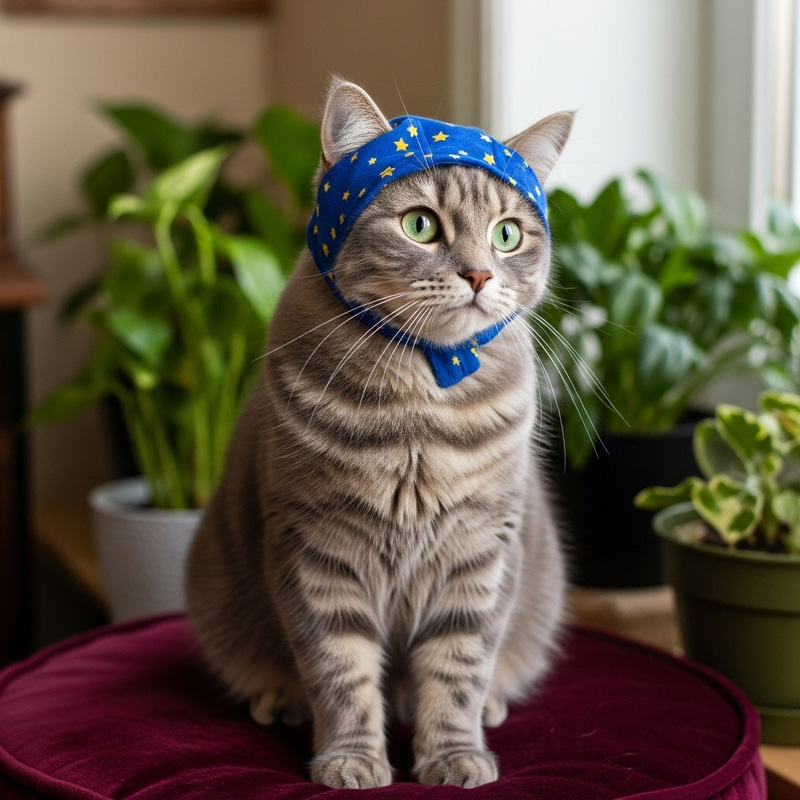 Adorable Cat with Emerald Eyes in Blue Head Cap