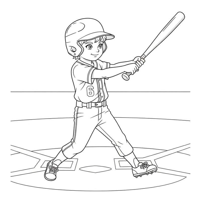 Young Caucasian Boy Playing Baseball in #6 Coloring Book Illustration