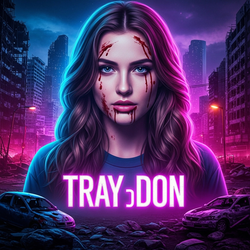 20-Year-Old Woman Resembling Megan Fox in Distressed Cityscape with Neon Hues