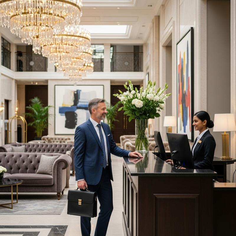 Luxury Hotel Sales Manager at Reception in Upscale Ambiance