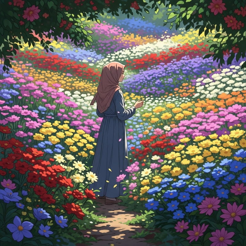 Peaceful Scene of Veiled Girl Surrounded by Flowers