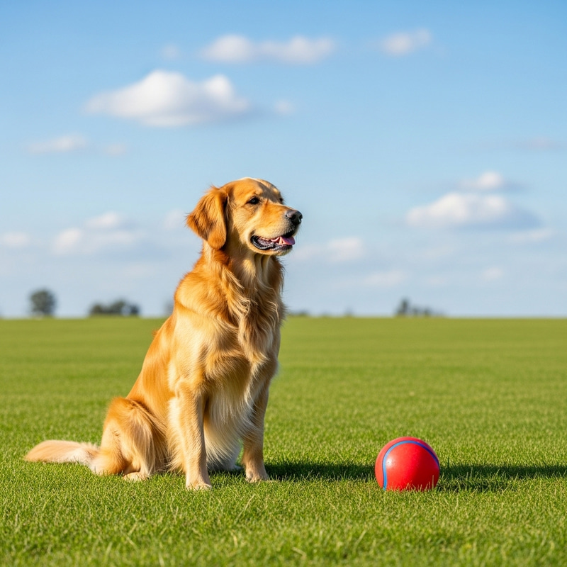 Tranquil Golden Retriever Dog with Red Ball in Grass Field Tranquil Golden Retriever Dog with Red Ball in Grass Field