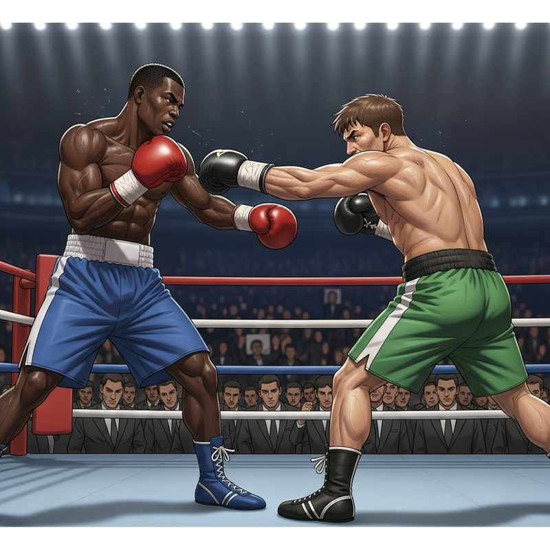 Intense Boxing Match: Black vs Caucasian Boxers on Boxing Ring