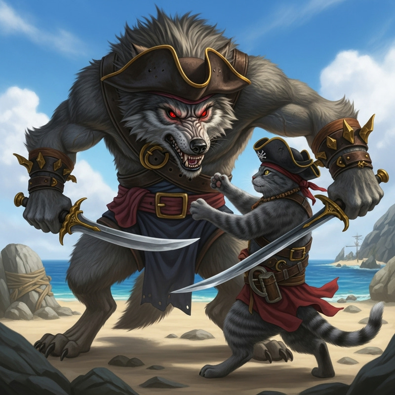 Fierce Pirate Showdown: Wolf vs Cat in Hyper-Realistic Combat
