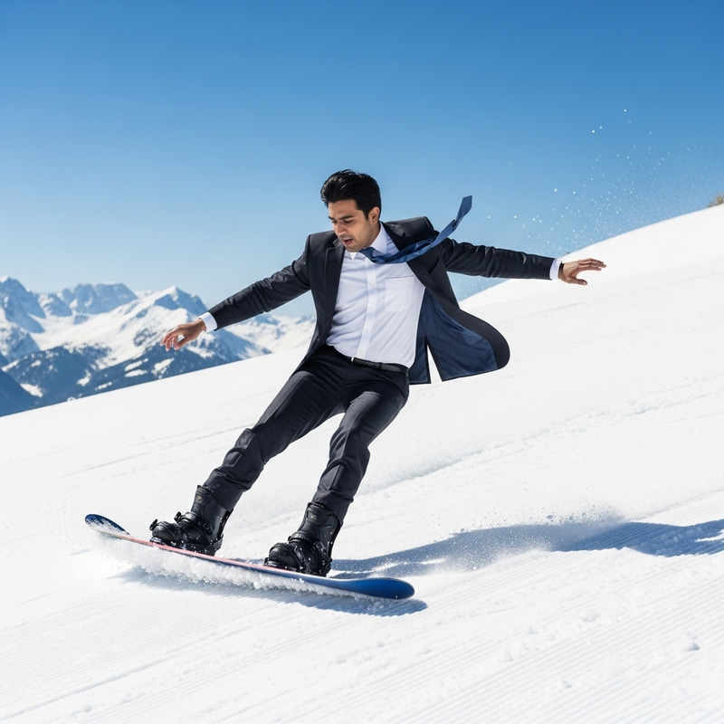 Indian Banker Snowboarding Down Mountain Slope Indian Banker Snowboarding Down Mountain Slope