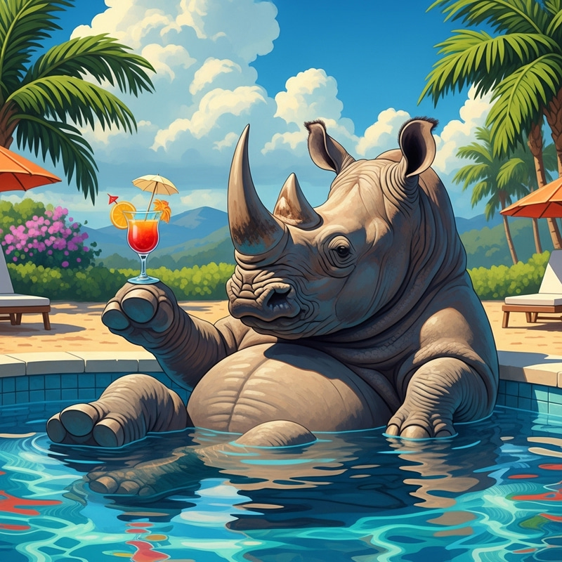 Majestic Rhino Enjoying Tropical Cocktail in Vibrant Pool Majestic Rhino Enjoying Tropical Cocktail in Vibrant Pool