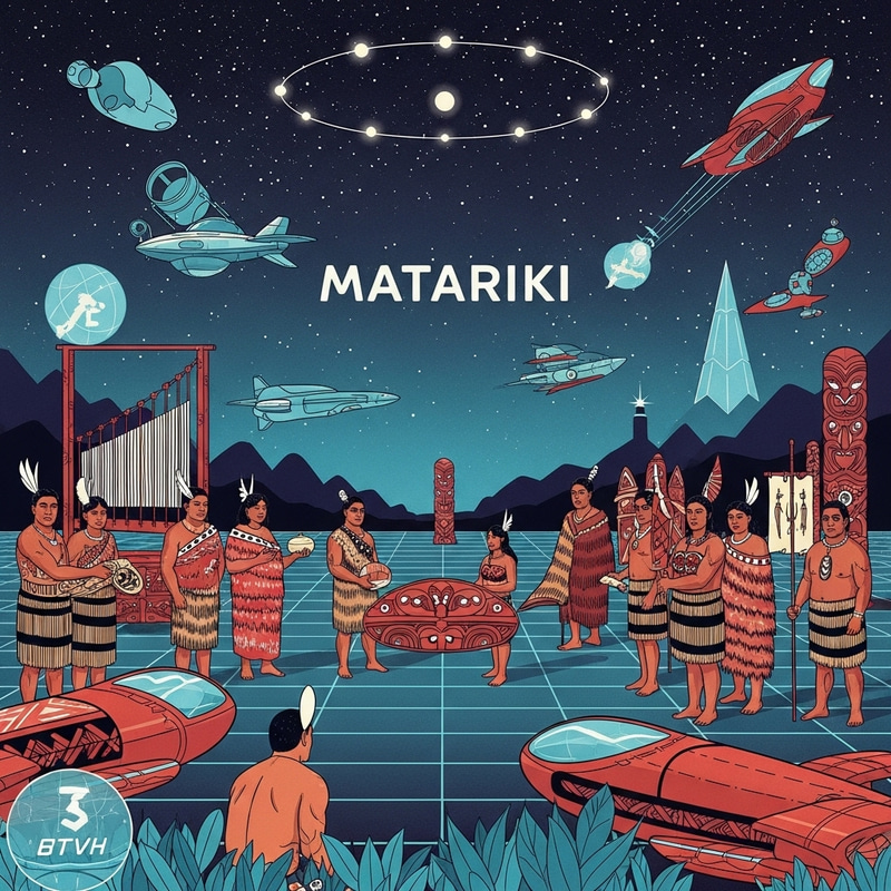 Retrofuturistic Maori Matariki Celebration Scene Retrofuturistic Maori Matariki Celebration Scene