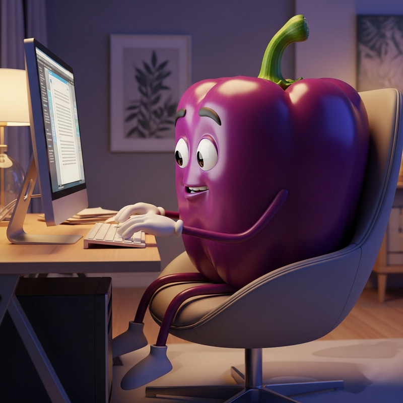 Purple Pepper Character at Desk Typing | Website Name