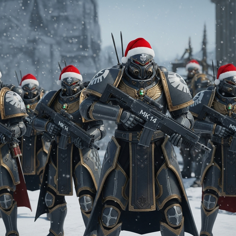 Metro Royale Characters in Sixth Armor with MK14 and Christmas Hats Metro Royale Characters in Sixth Armor with MK14 and Christmas Hats