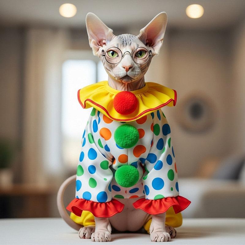 Bald Cat in Clown Suit and Glasses - Fun & Adorable