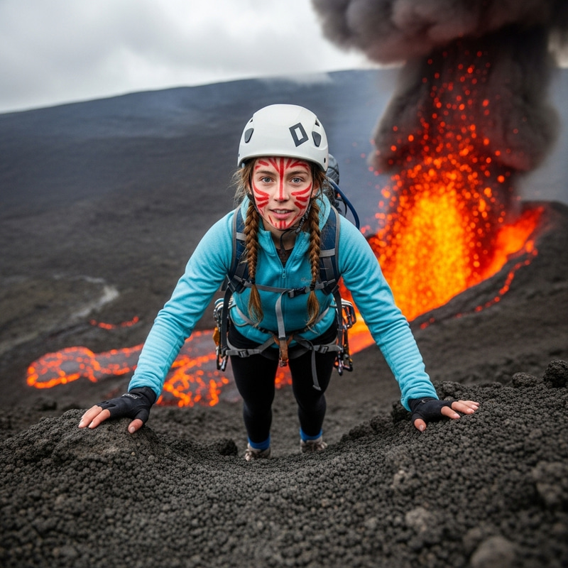 Brave Girl Ventures Towards Erupting Volcano Brave Girl Ventures Towards Erupting Volcano