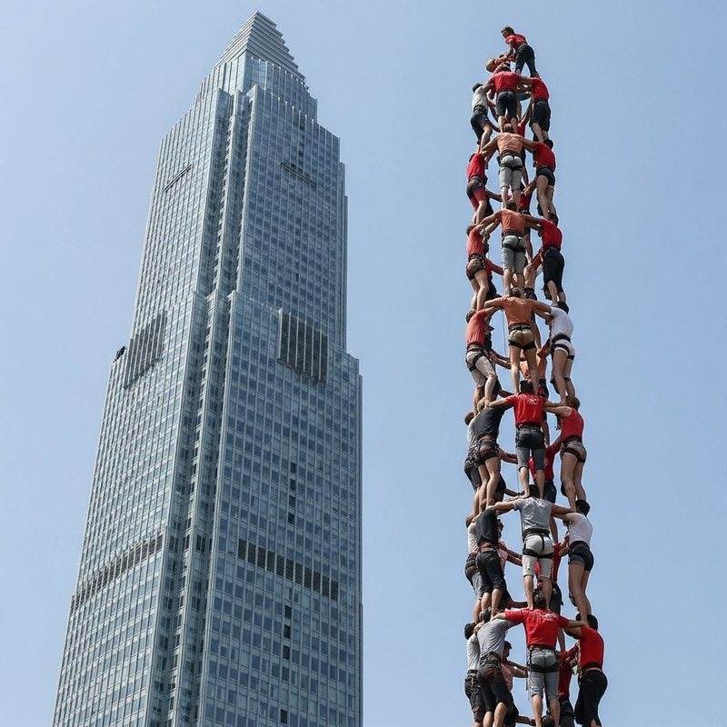 Tallest Building in the World and Tower of Stacked People - Incredible Scene Tallest Building in the World and Tower of Stacked People - Incredible Scene