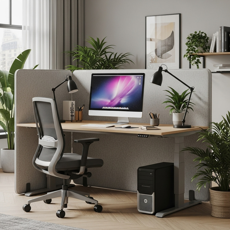 Modern Office Workstation with Felt Acoustic Screen and Tropical Plants
