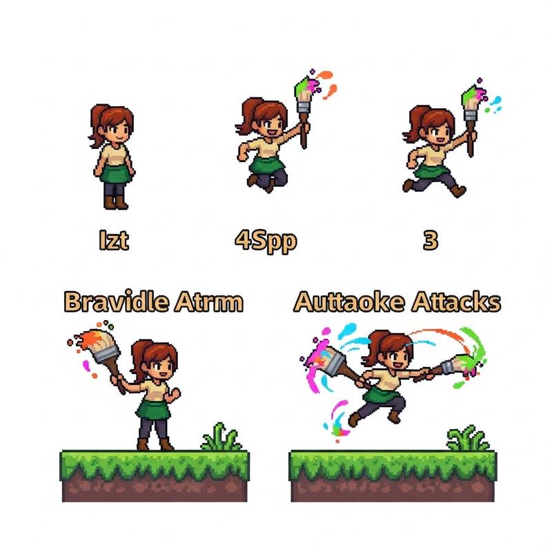 Female Artist Sprite Sheet: Pixel Art Game Brush Animations