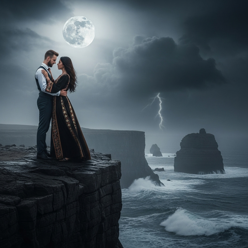 Dramatic Setting: Embracing Lovers at Cliff Edge