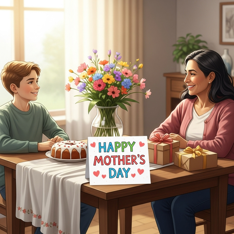 Heartwarming Mother's Day Scene with Flowers, Cake & Gift Exchange Heartwarming Mother's Day Scene with Flowers, Cake & Gift Exchange
