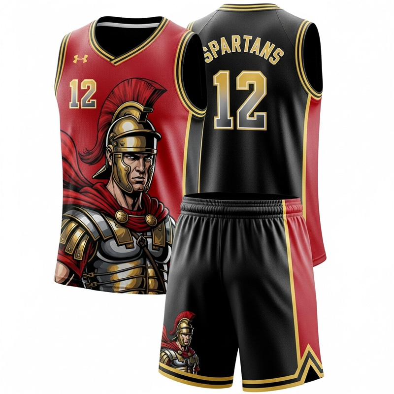 Roman Warrior Basketball Uniform in Red, Black, and Gold Roman Warrior Basketball Uniform in Red, Black, and Gold