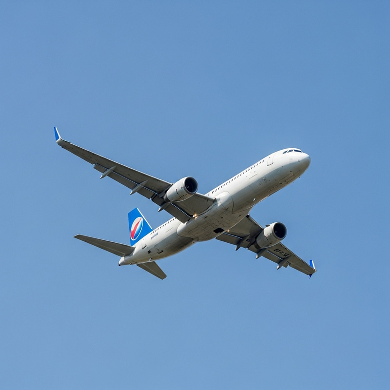 Sleek Airplane Soaring in Clear Sky Image Sleek Airplane Soaring in Clear Sky Image