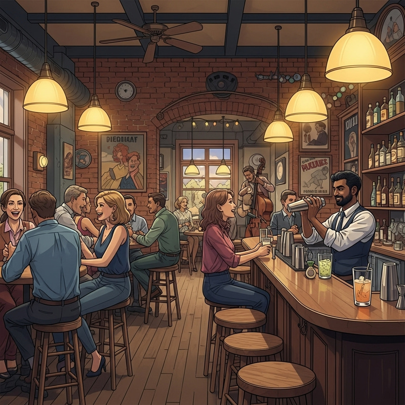 Vibrant and Lively Bar Scene with Diverse Crowd and Jazz Band Vibrant and Lively Bar Scene with Diverse Crowd and Jazz Band