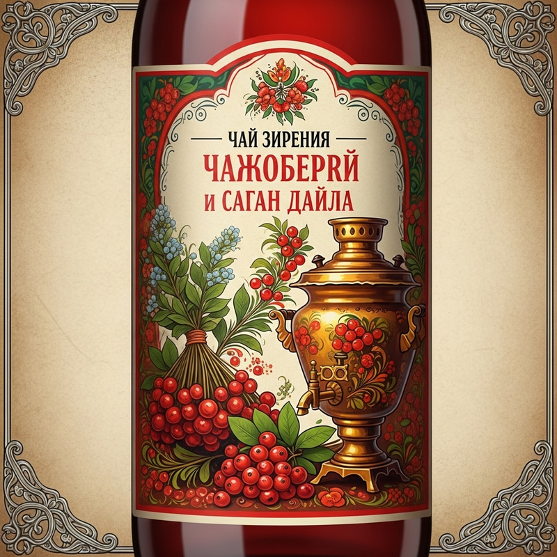 Vintage Russian Folk Art Cranberry & Sagan Daila Tea Label Vintage Russian Folk Art Cranberry & Sagan Daila Tea Label