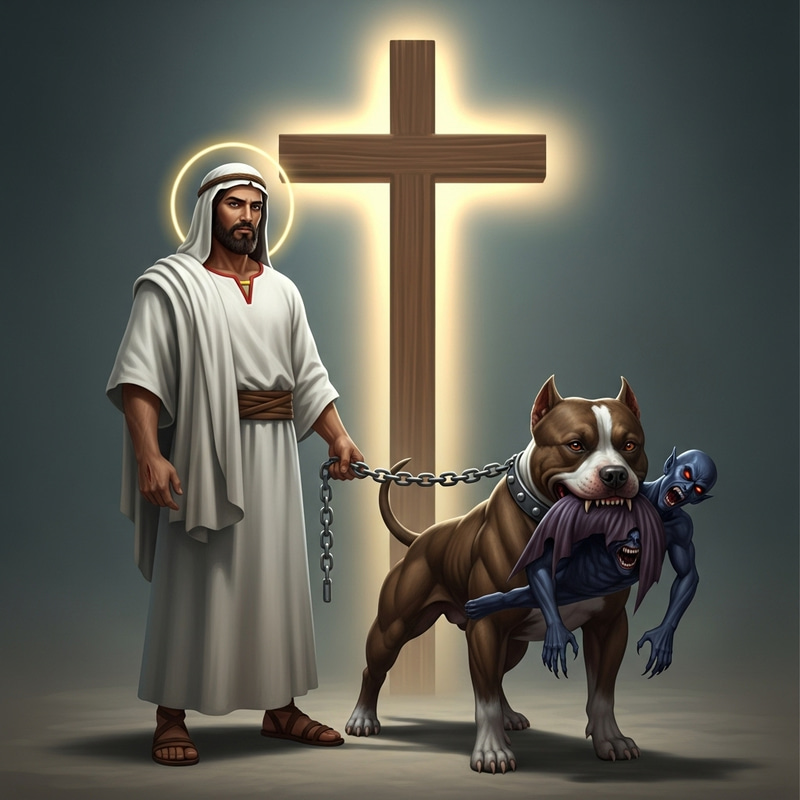 Divine Tranquility and Ferocity: Jesus with Pit Bull, Cross, and Devil