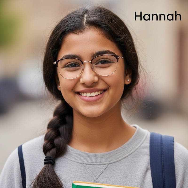 Meet Hannah: Young Girl with Dark Brown Hair & Glasses | Cheerful Student Look Meet Hannah: Young Girl with Dark Brown Hair & Glasses | Cheerful Student Look