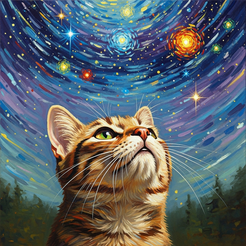 Impressionist Cat Gazing at Colorful Starry Sky Impressionist Cat Gazing at Colorful Starry Sky