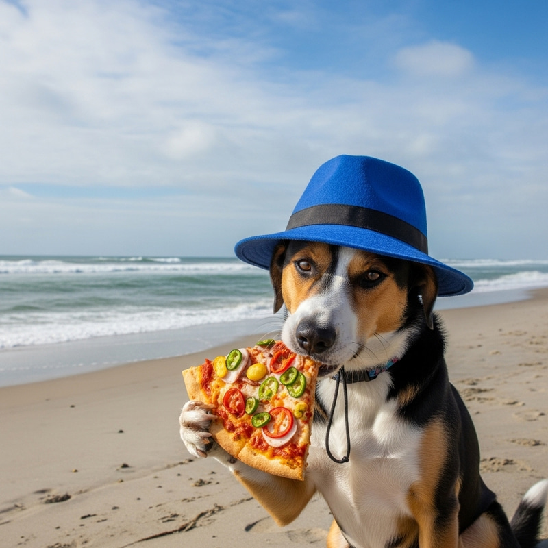 Dog Eating Pizza by Beach with Blue Hat Dog Eating Pizza by Beach with Blue Hat