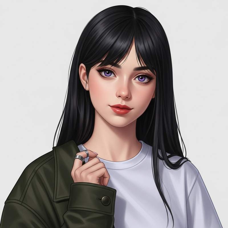 Stunning European Girl with Long Black Hair and Purple Eyes