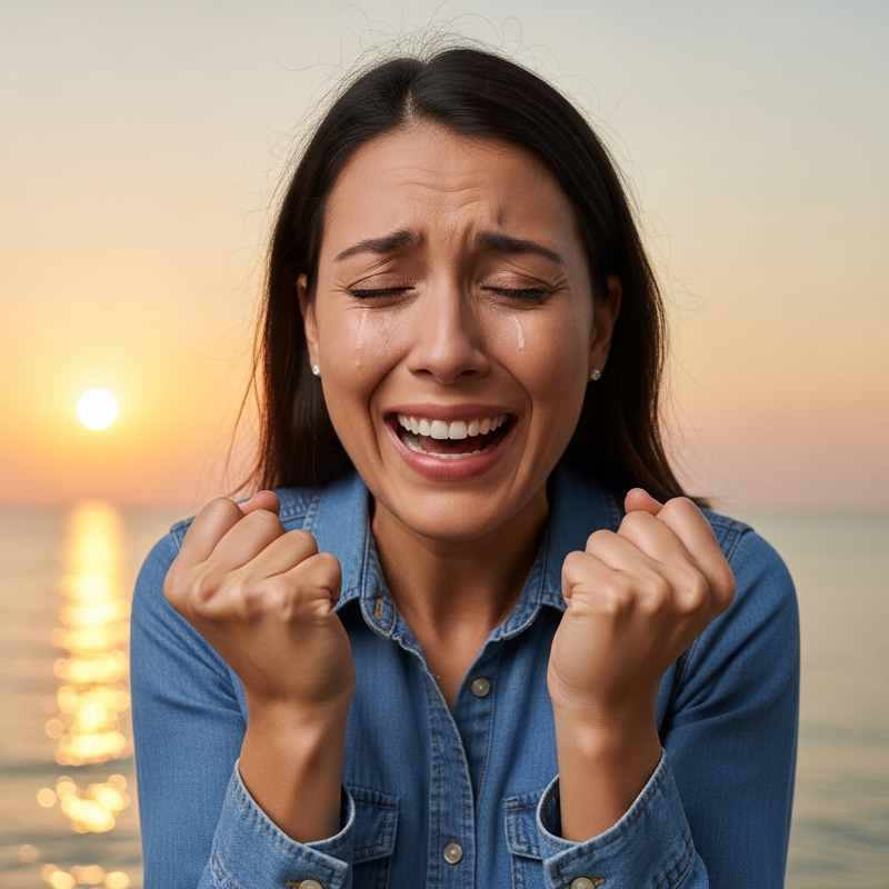 Triumphant Hispanic Woman Overcoming Long Struggle in the Sunset Triumphant Hispanic Woman Overcoming Long Struggle in the Sunset